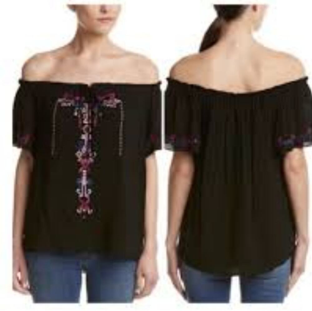 Parker black floral embroidered off shoulder top size small